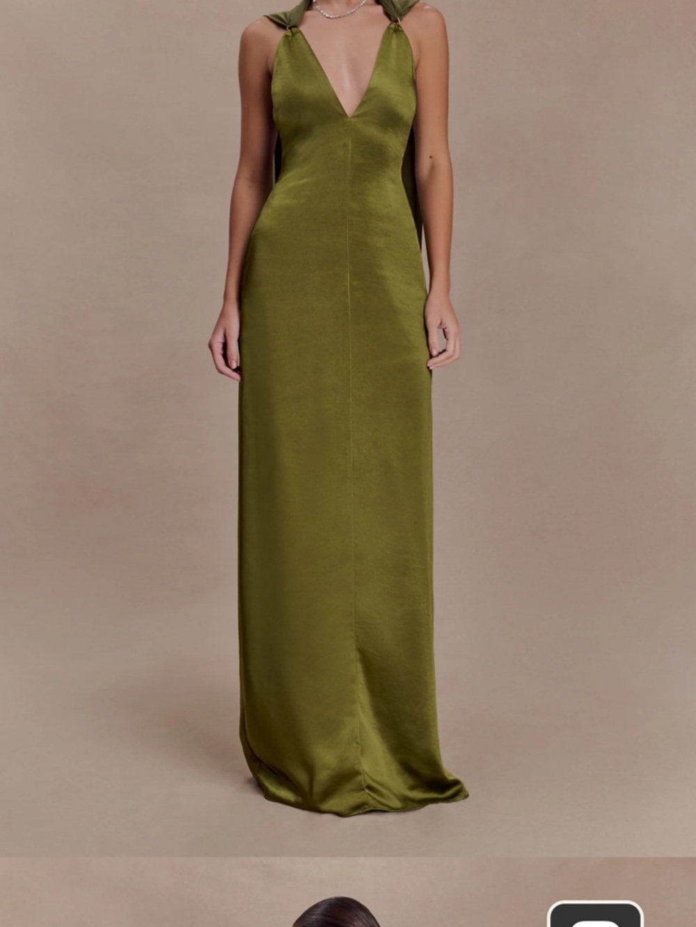 Meshki Olive Satin V-Neck Tie-Shoulder Maxi Dress